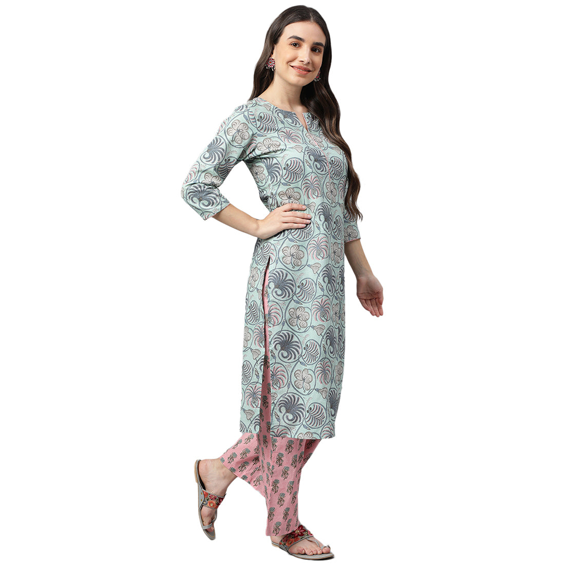 Idalia Sky Blue Printed Cotton KurtaWith Bright Pink Printed Palazzo Pants