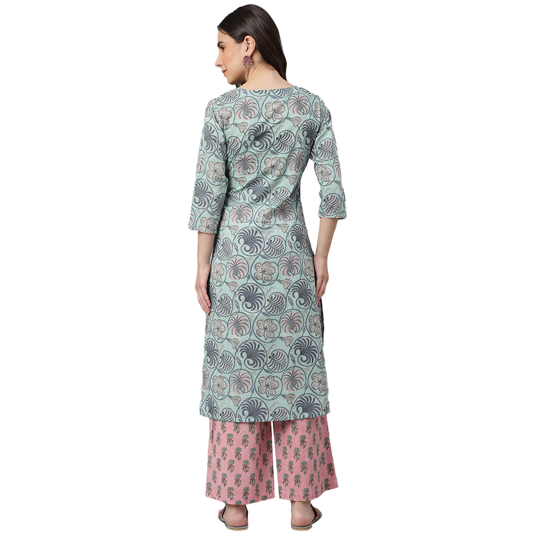 Idalia Sky Blue Printed Cotton KurtaWith Bright Pink Printed Palazzo Pants