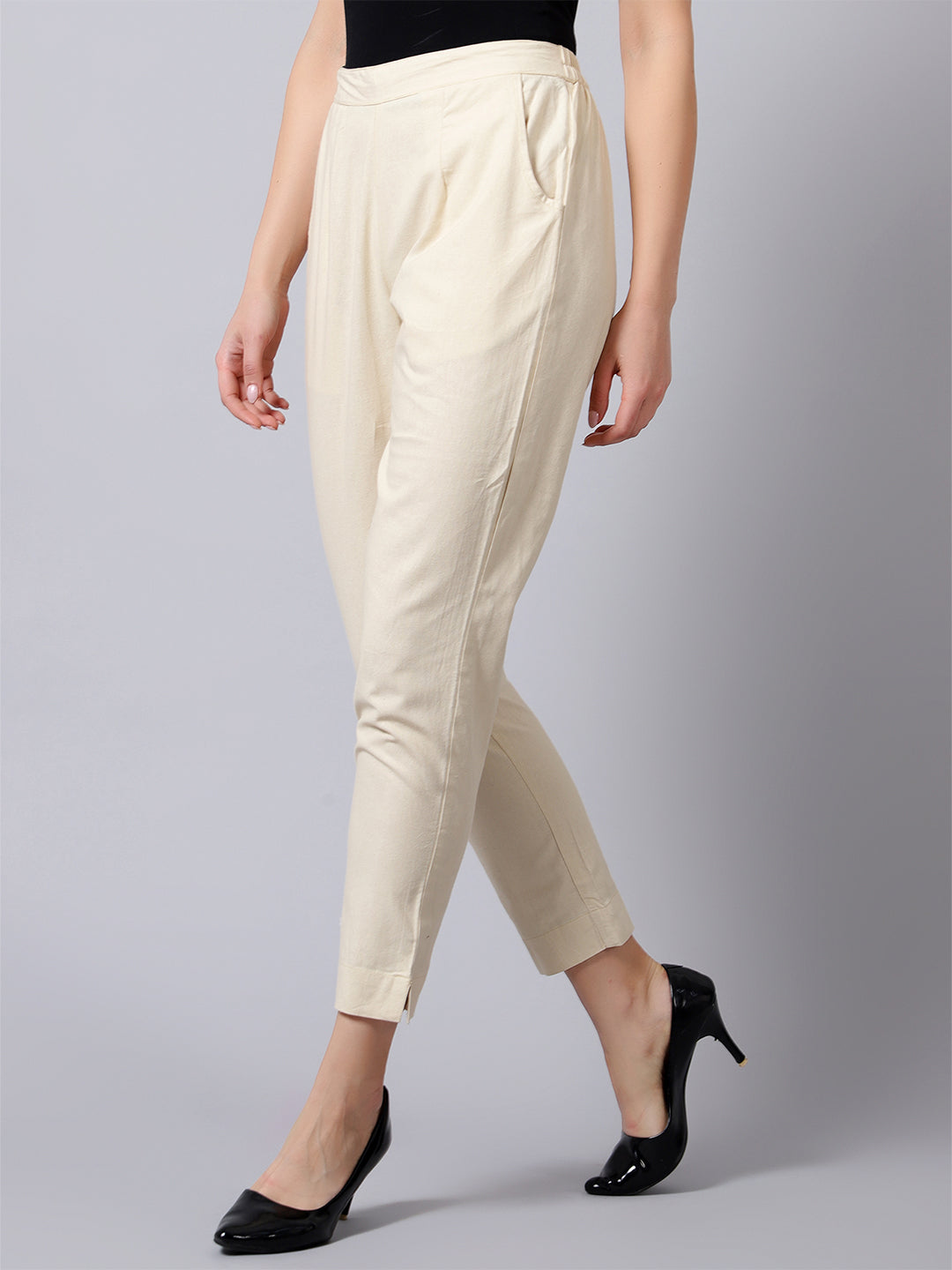 Beige Solid Pants