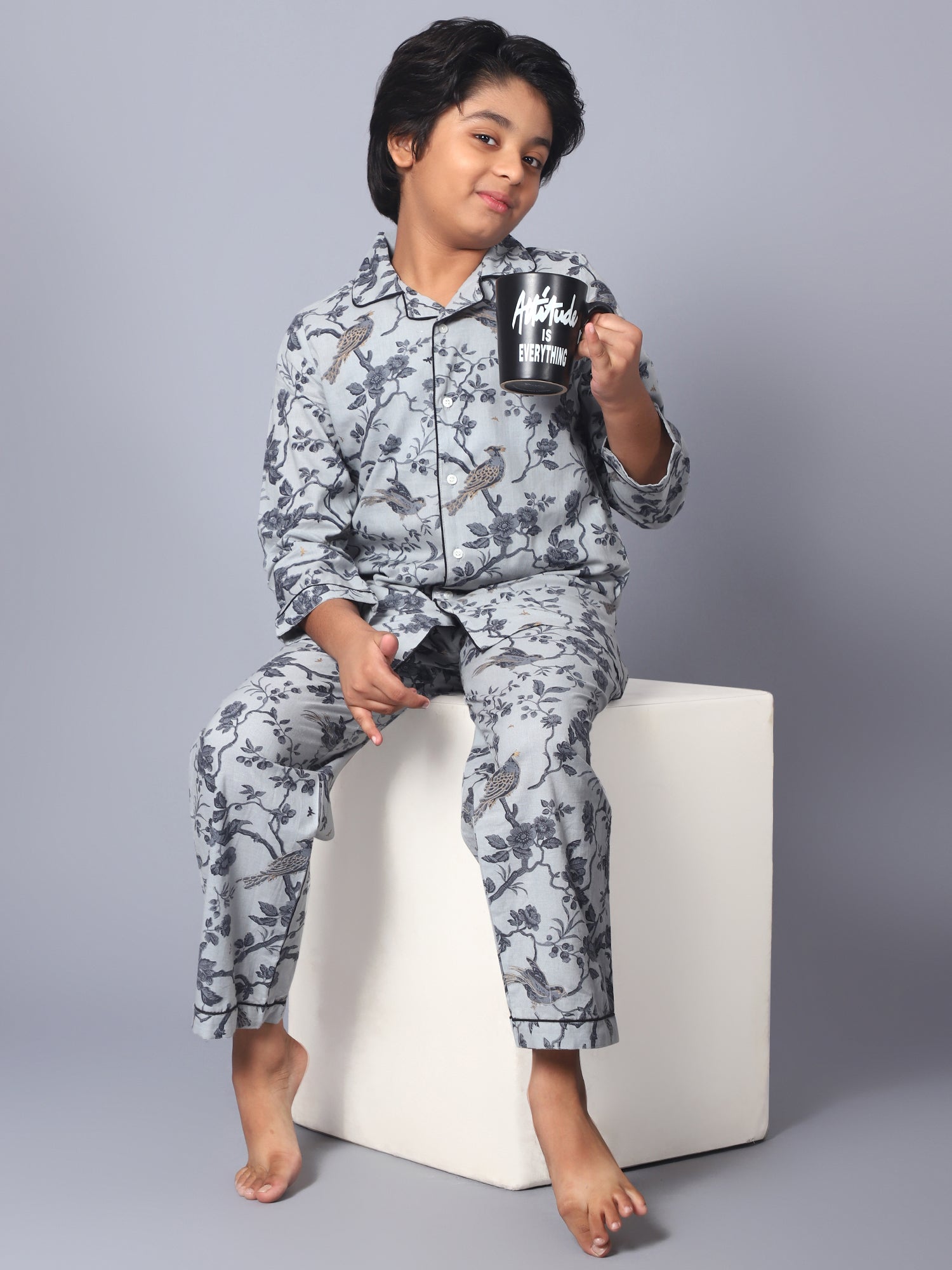 Cotton Black & Grey Floral Kids Night Suit For Boys & Girls