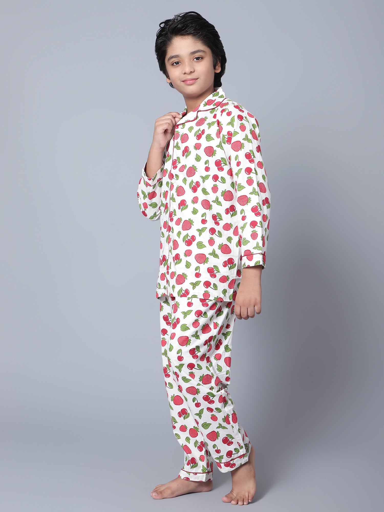 Cotton White, Red & Green Fruits Kids Night Suit For Boys & Girls