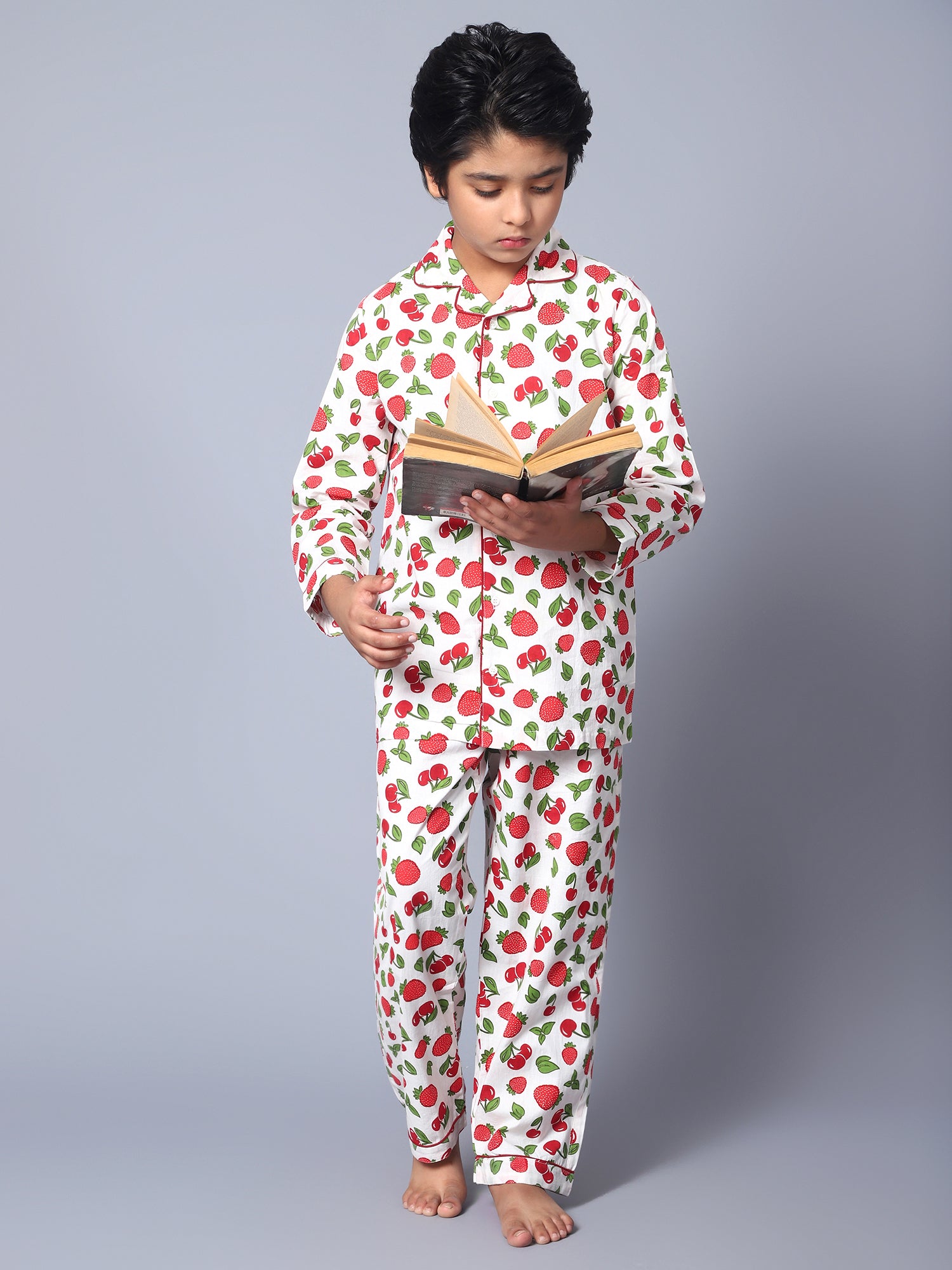 Cotton White, Red & Green Fruits Kids Night Suit For Boys & Girls