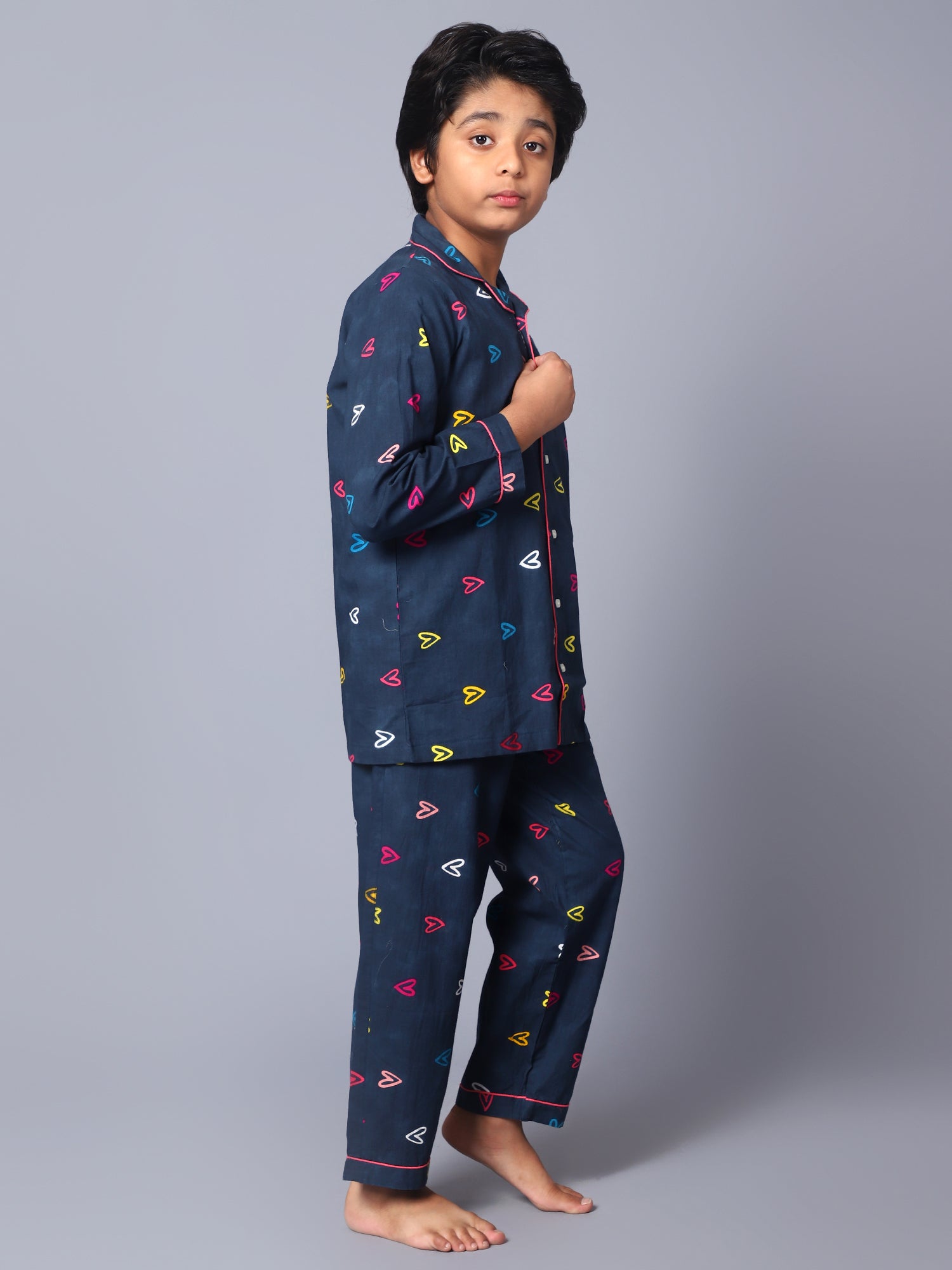 Cotton Dark Blue Geometric Kids Night Suit For Boys & Girls
