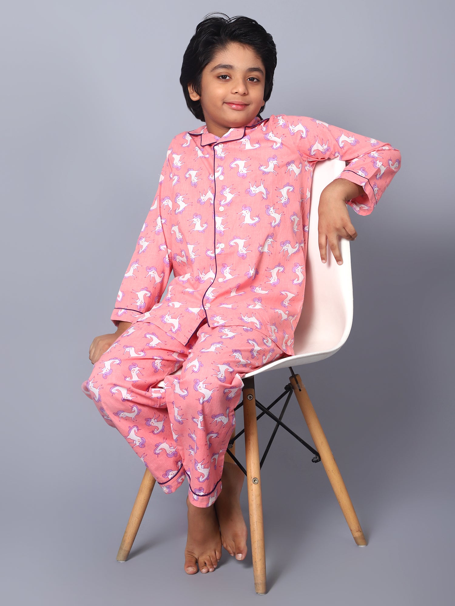 Cotton Pink & White Unicorn Kids Night Suit For Girls