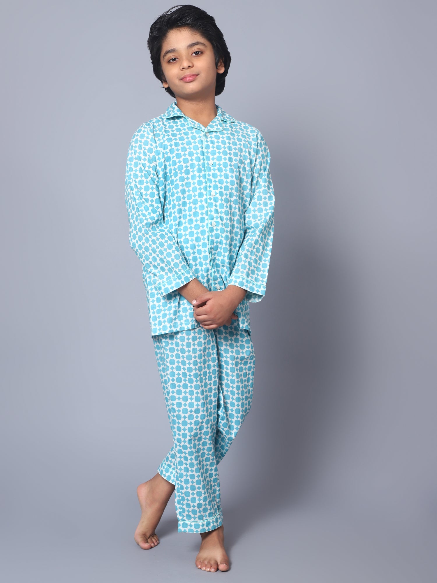 Cotton Light Blue Geometric Kids Night Suit For Boys & Girls