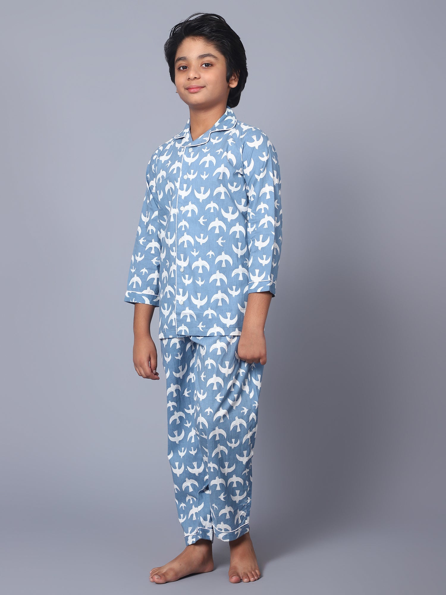 Cotton Blue & White Bird Printed Kids Night Suit For Boys & Girls