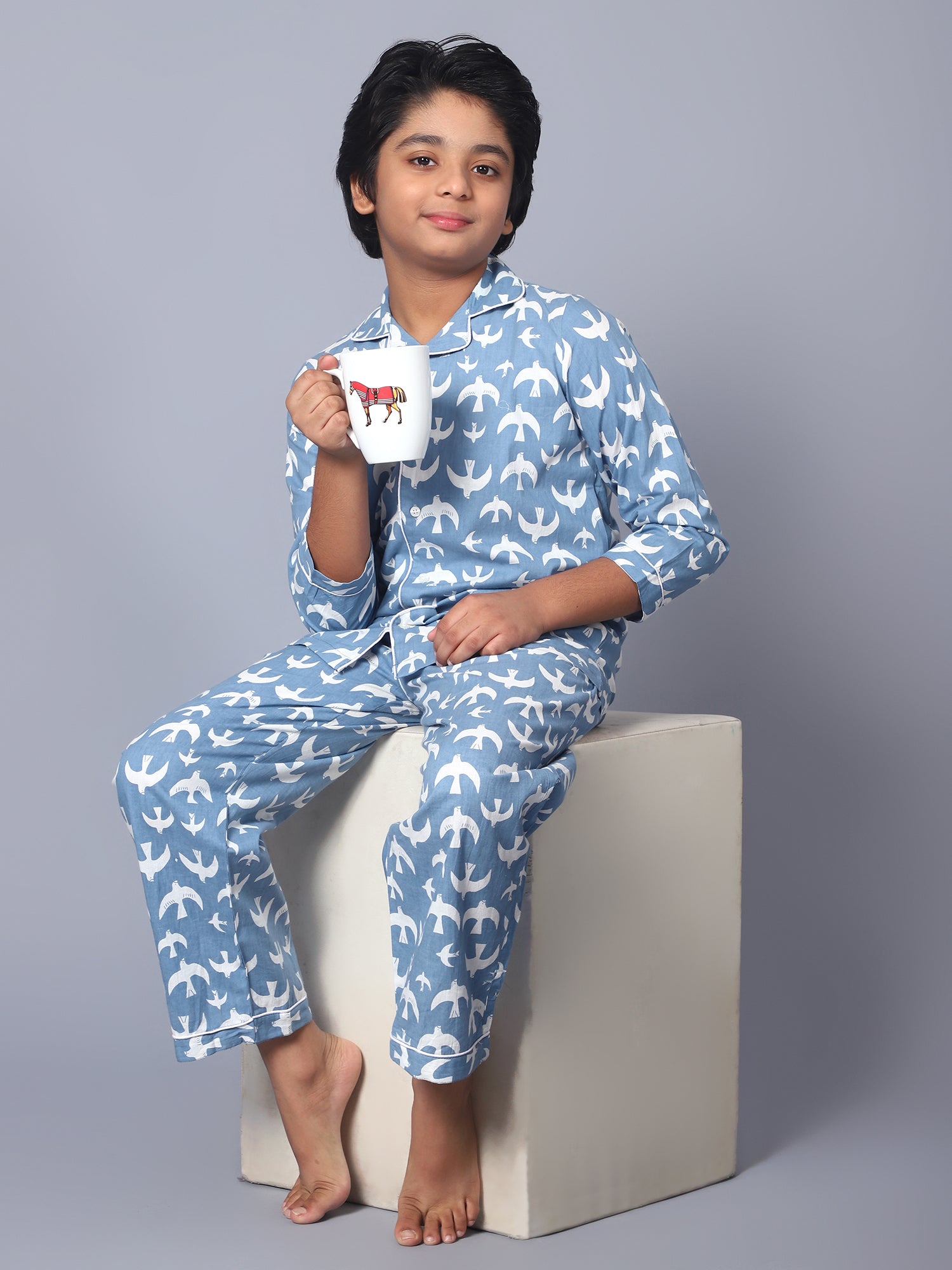 Cotton Blue & White Bird Printed Kids Night Suit For Boys & Girls