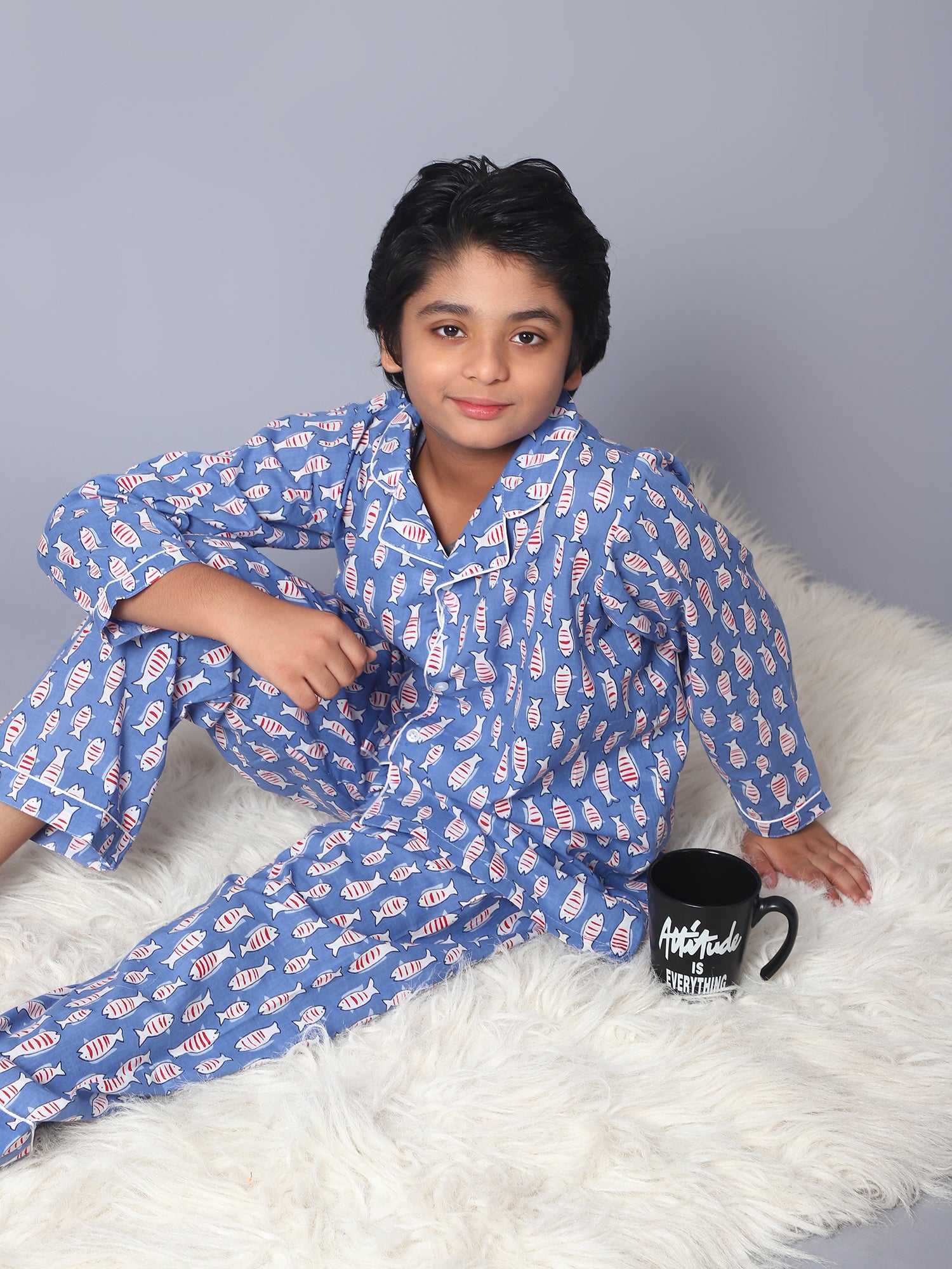 Cotton White & Blue Whale Kid Night Suit For Boys & Girls