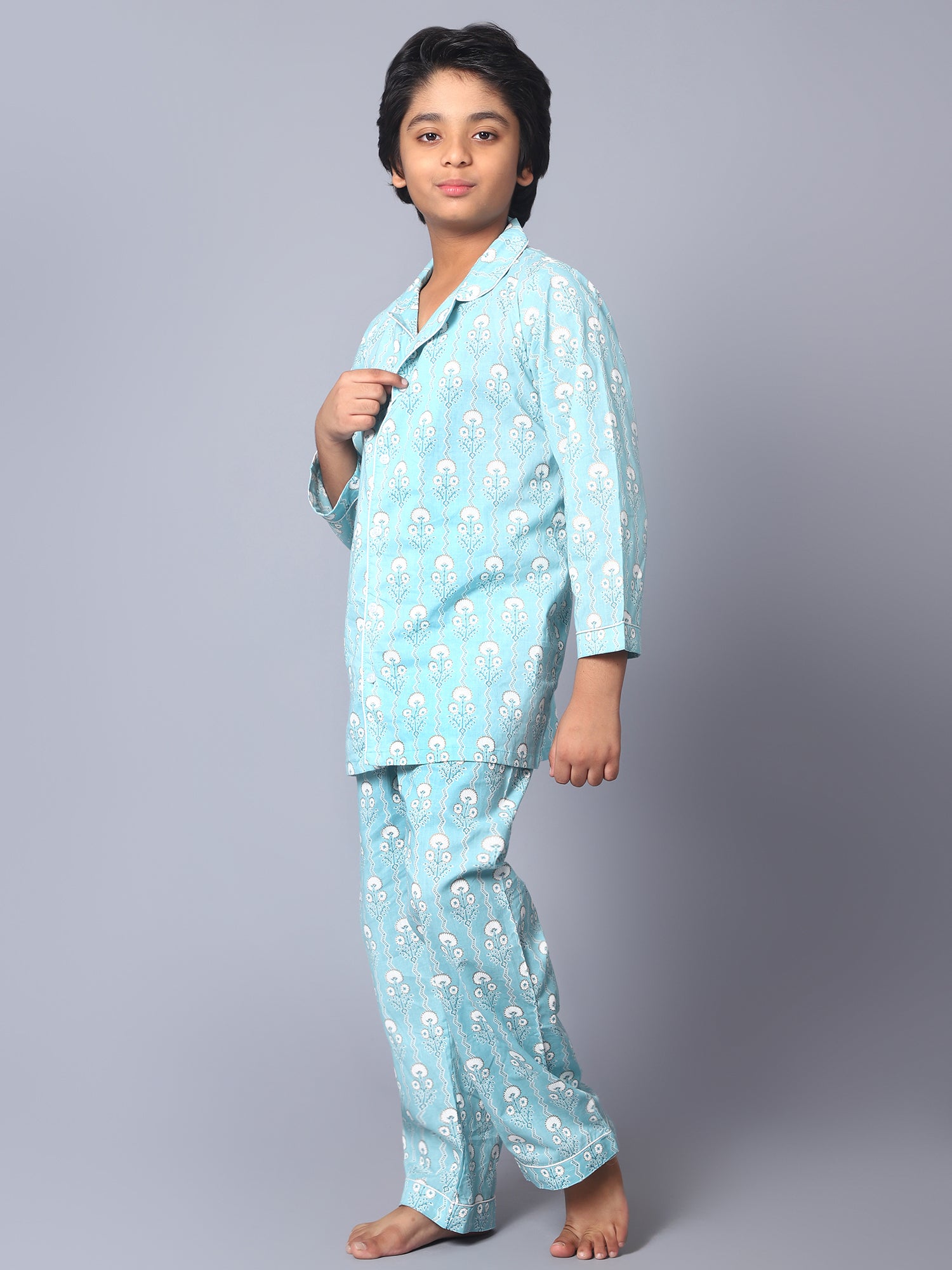 Cotton Light Blue Floral Kid Night Suit For Boys & Girls