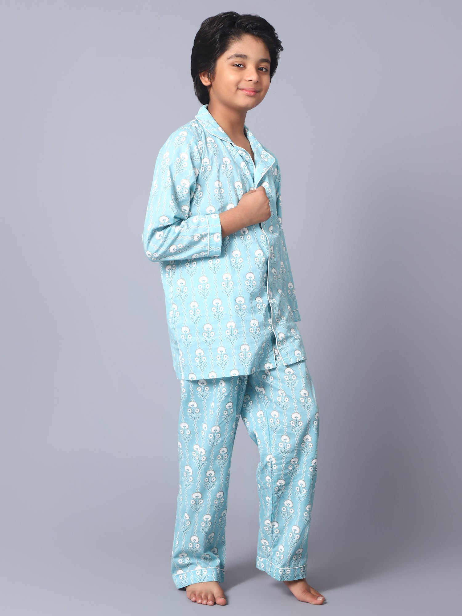 Cotton Light Blue Floral Kid Night Suit For Boys & Girls
