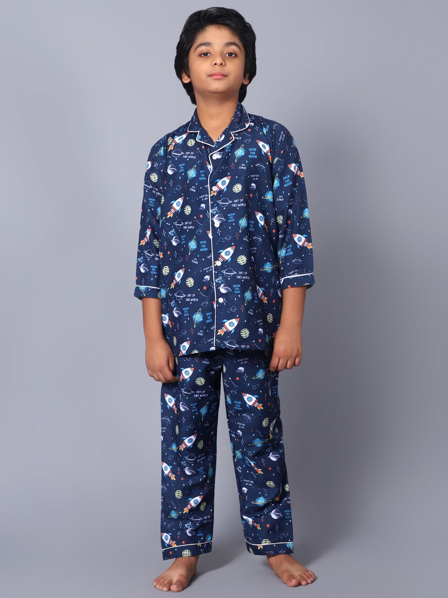 Cotton Dark Blue Space Kids Night Suit For Boys & Girls