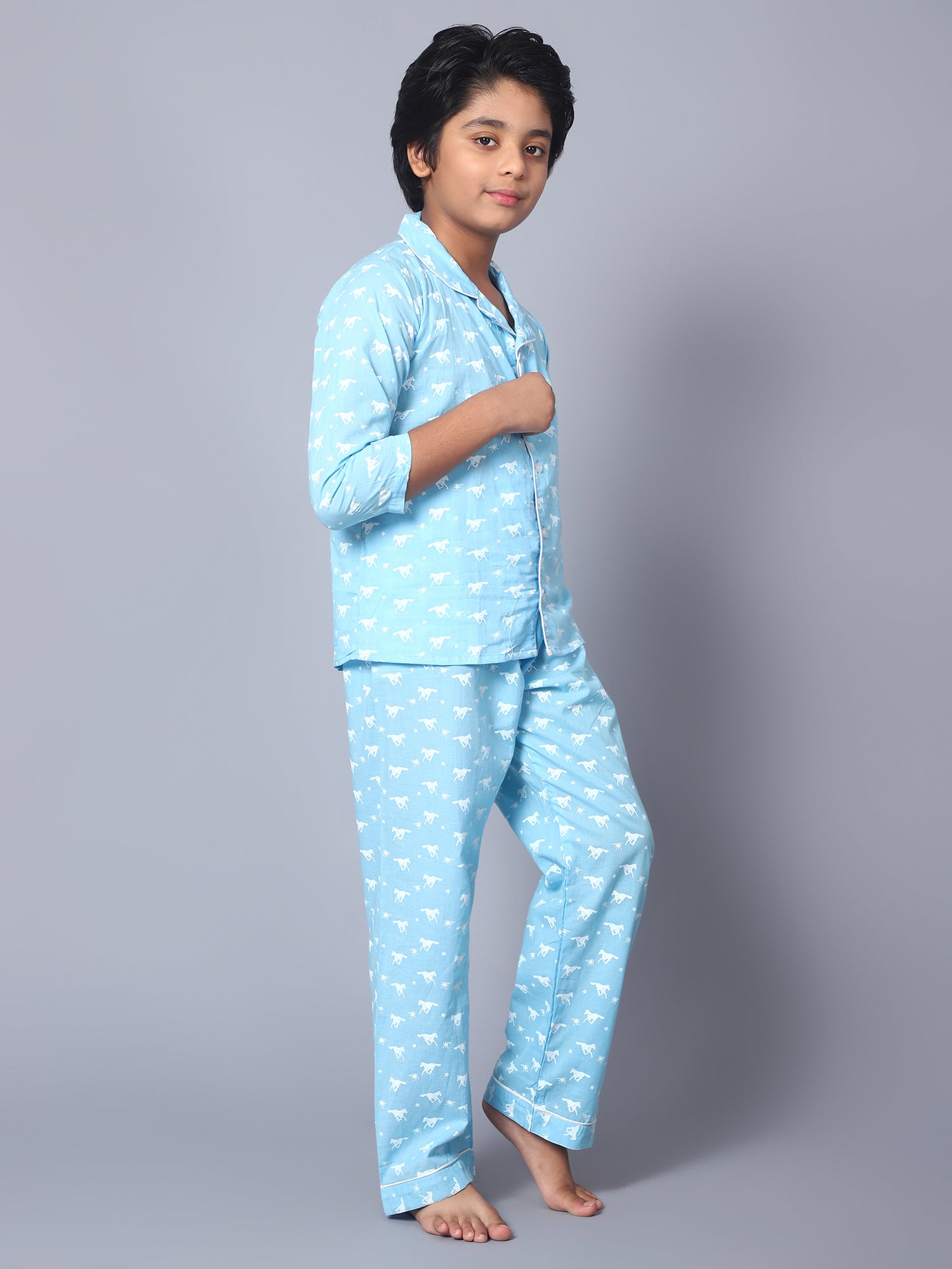 Cotton Blue Horses Kid Night Suit For Boys & Girls