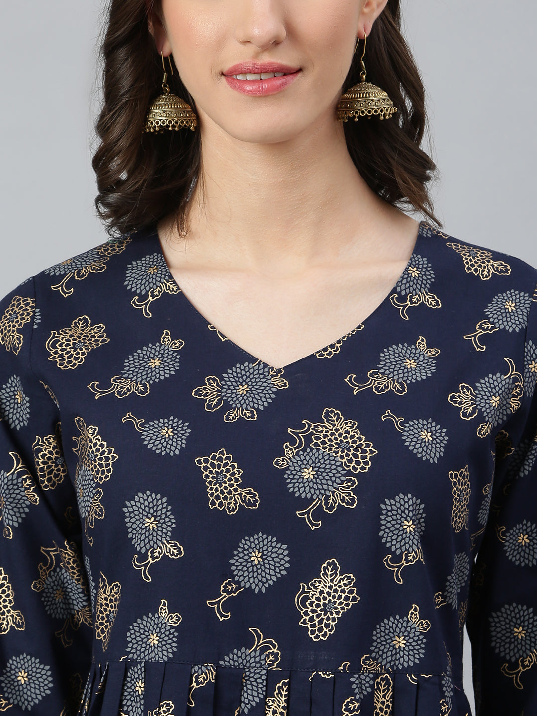 Idalia Navy Blue Gold Floral Printed Dress