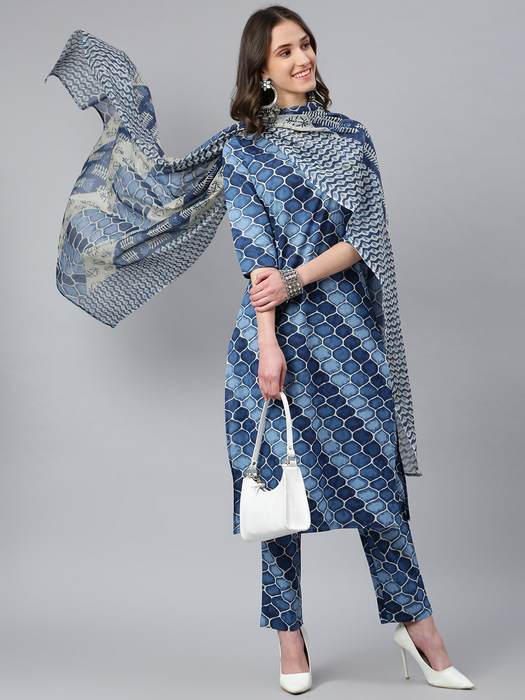 Idalia Blue Printed Kurta Set with Dupatta