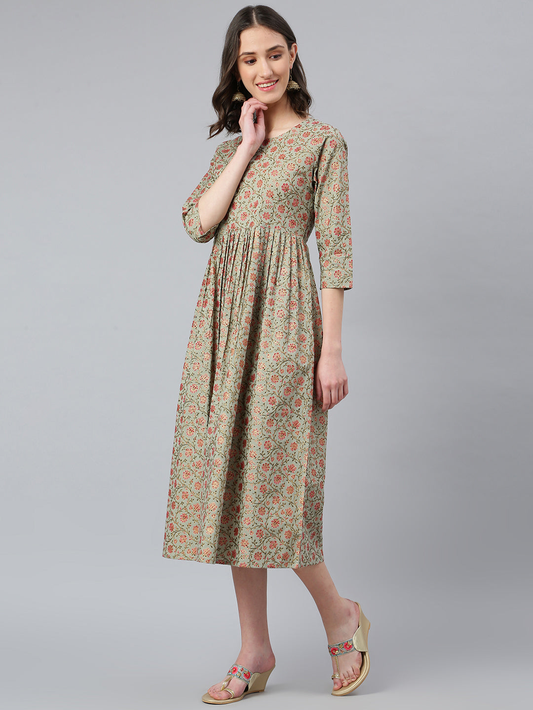 Idalia Sage Green Gold Floral Printed Dress