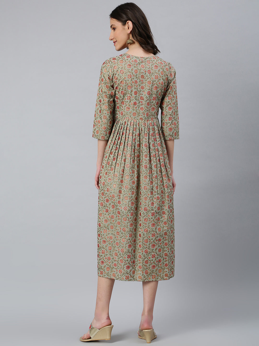 Idalia Sage Green Gold Floral Printed Dress