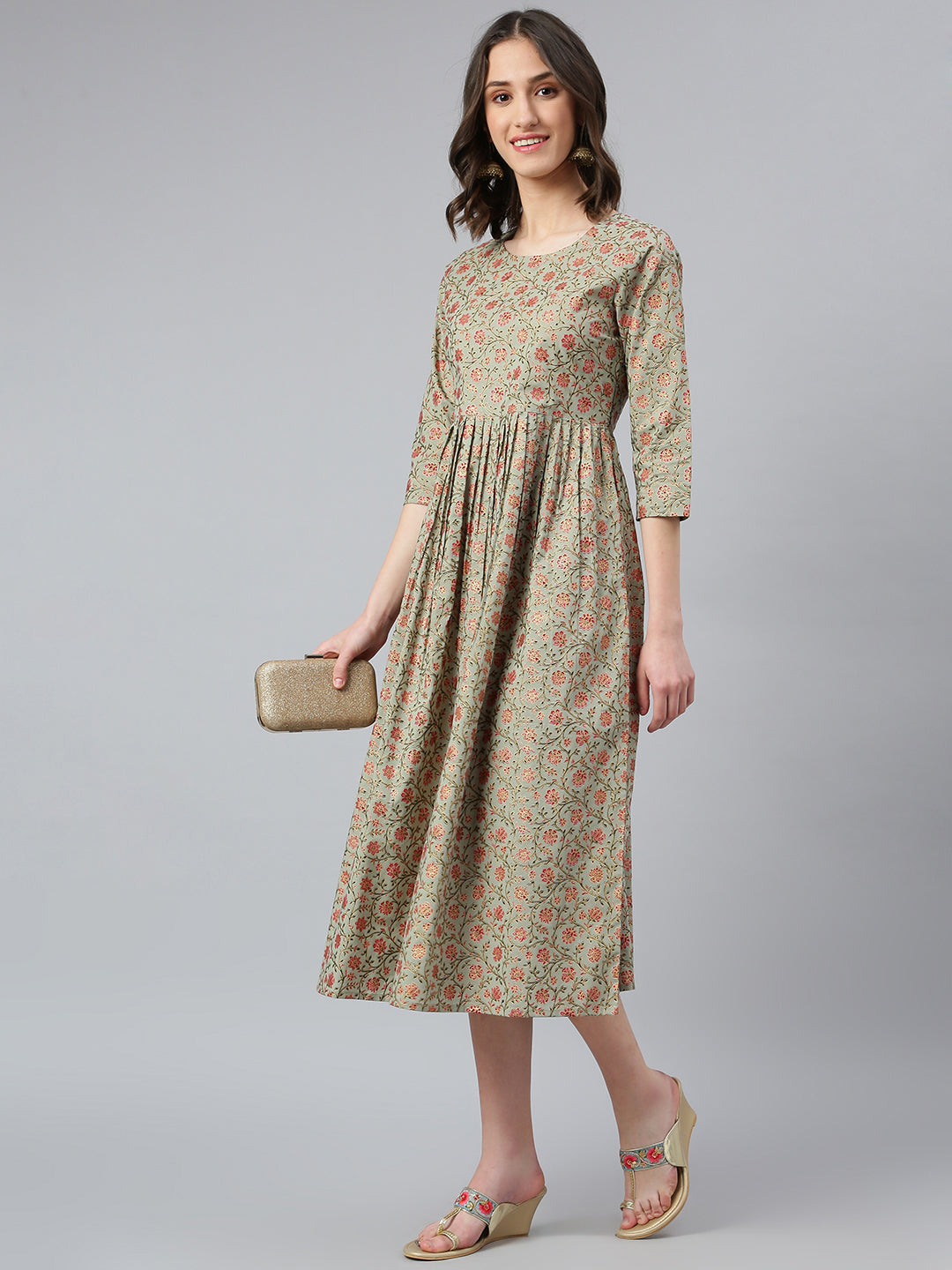 Idalia Sage Green Gold Floral Printed Dress