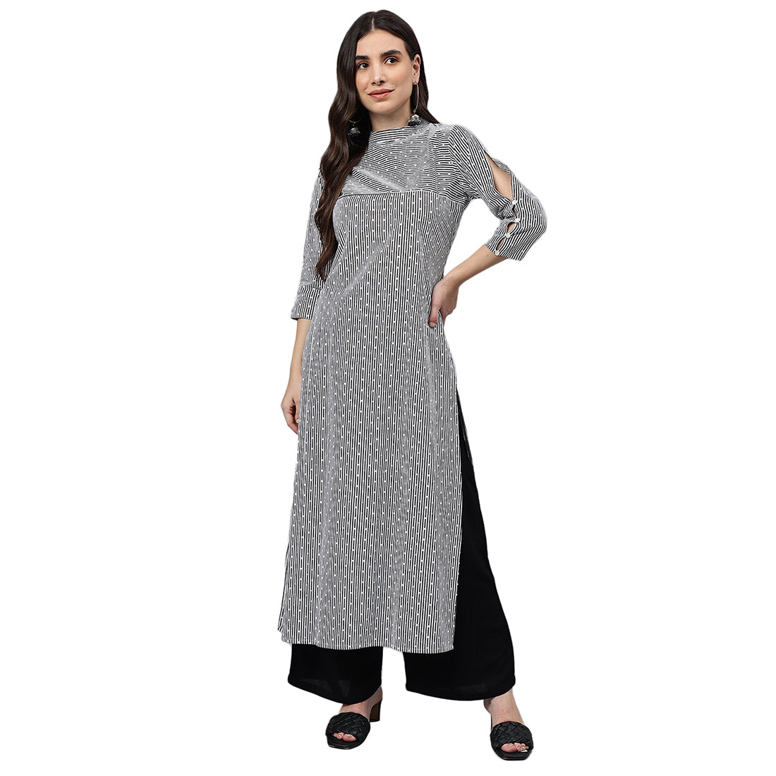 Idalia Dotted Striped Black & White Cotton Straight Kurta