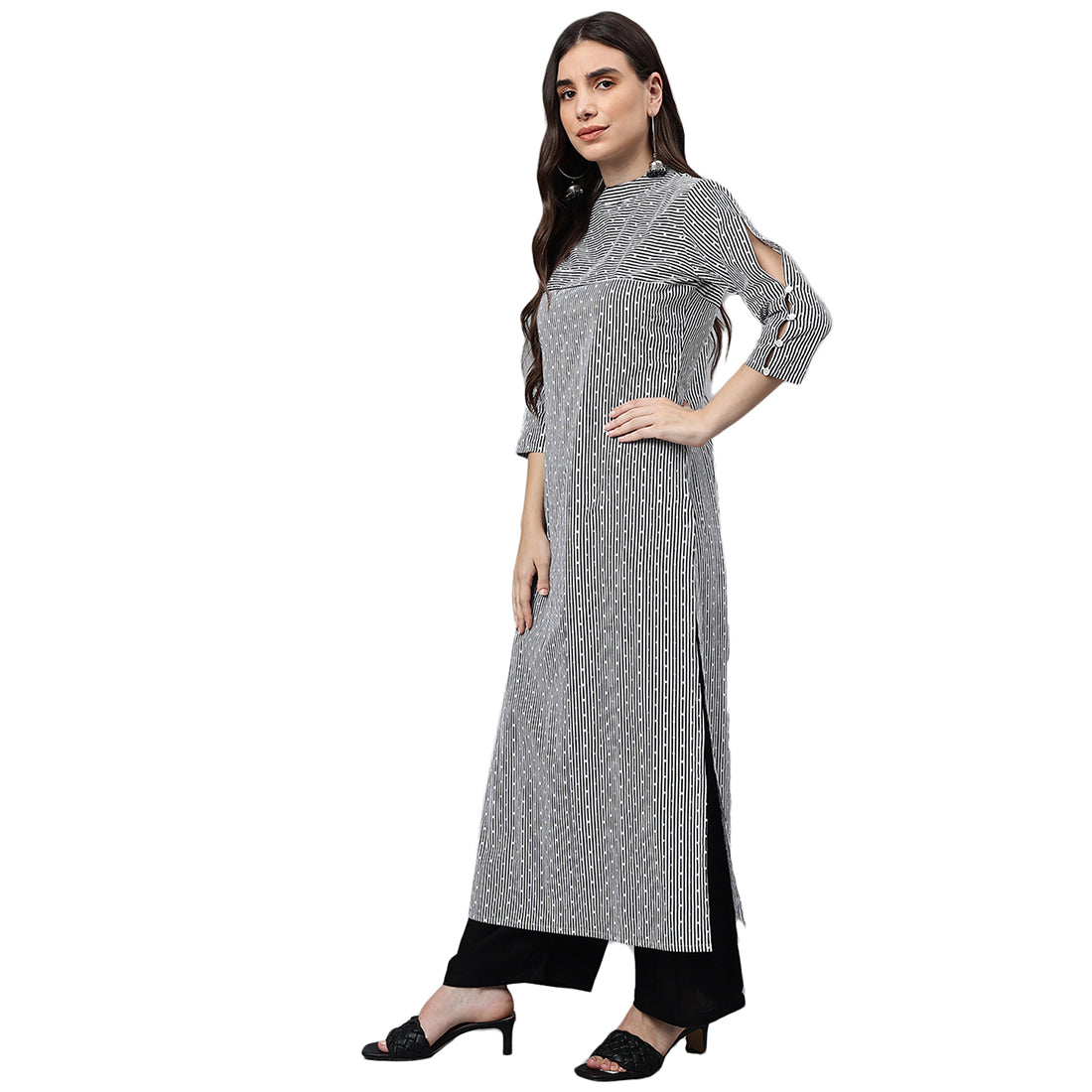 Idalia Dotted Striped Black & White Cotton Straight Kurta