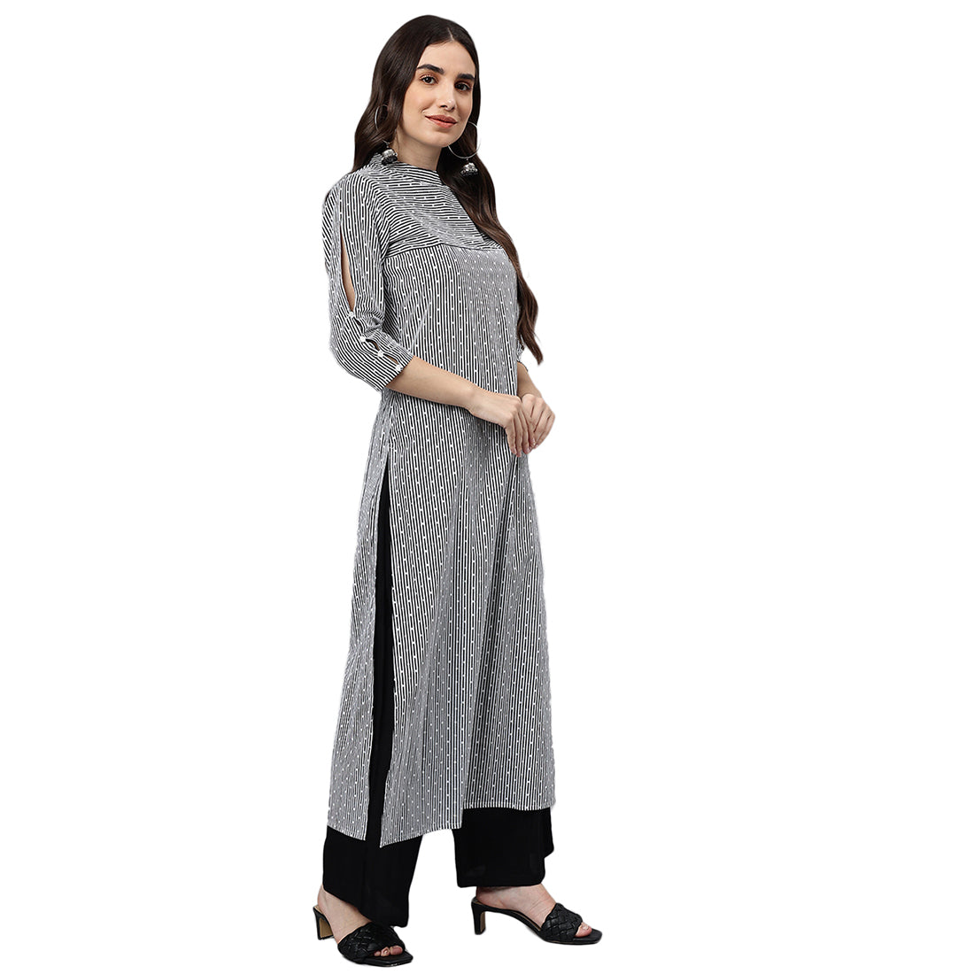 Idalia Dotted Striped Black & White Cotton Straight Kurta