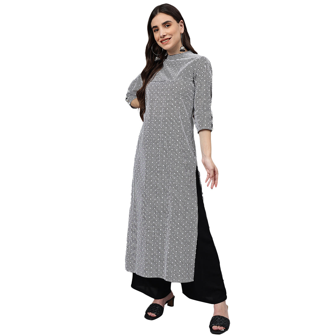 Idalia Dotted Striped Black & White Cotton Straight Kurta