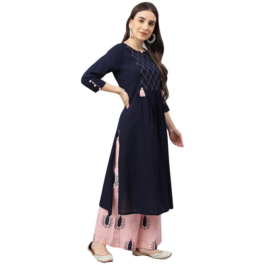 Idalia Navy Blue And Light Pink Cotton Kurta Set
