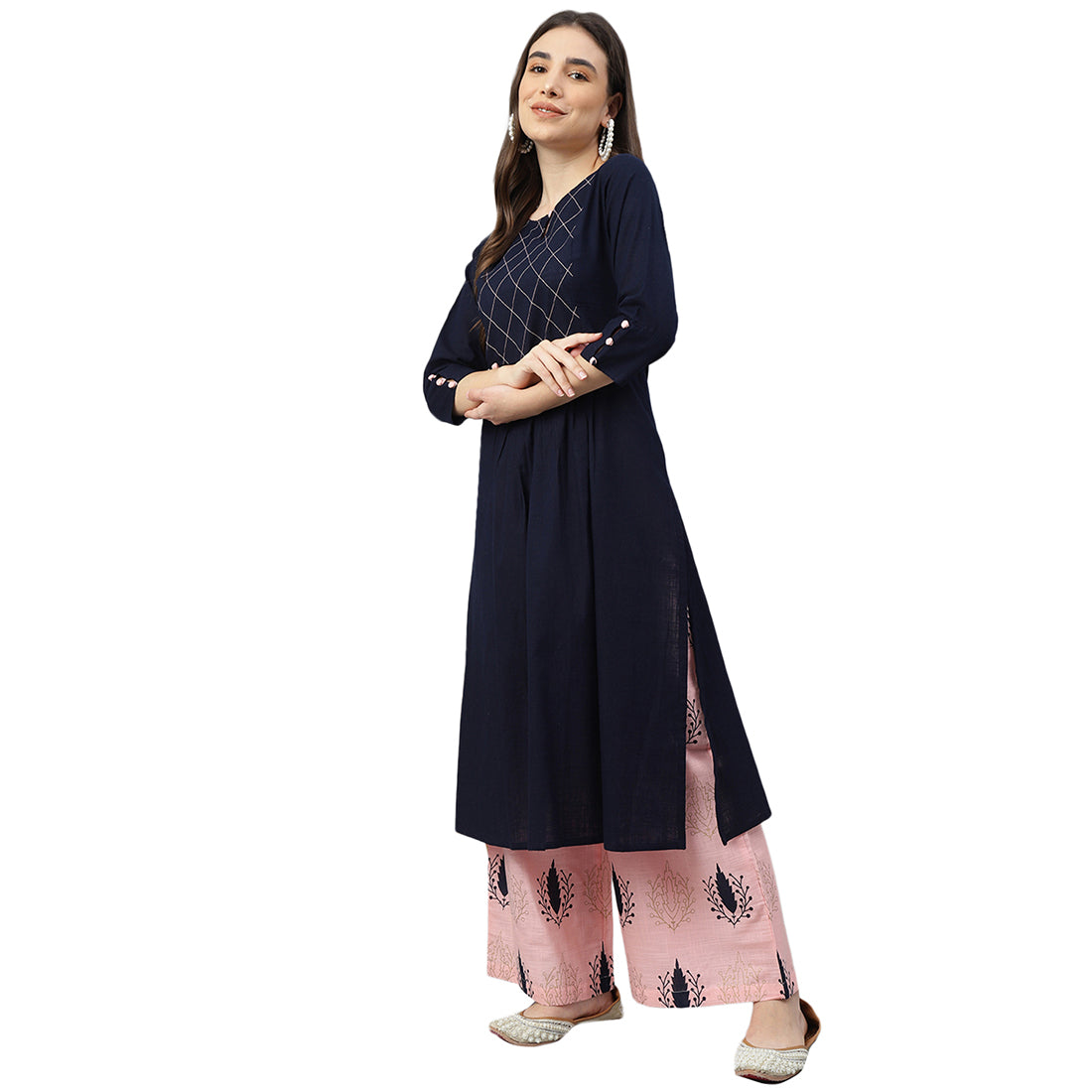 Idalia Navy Blue And Light Pink Cotton Kurta Set
