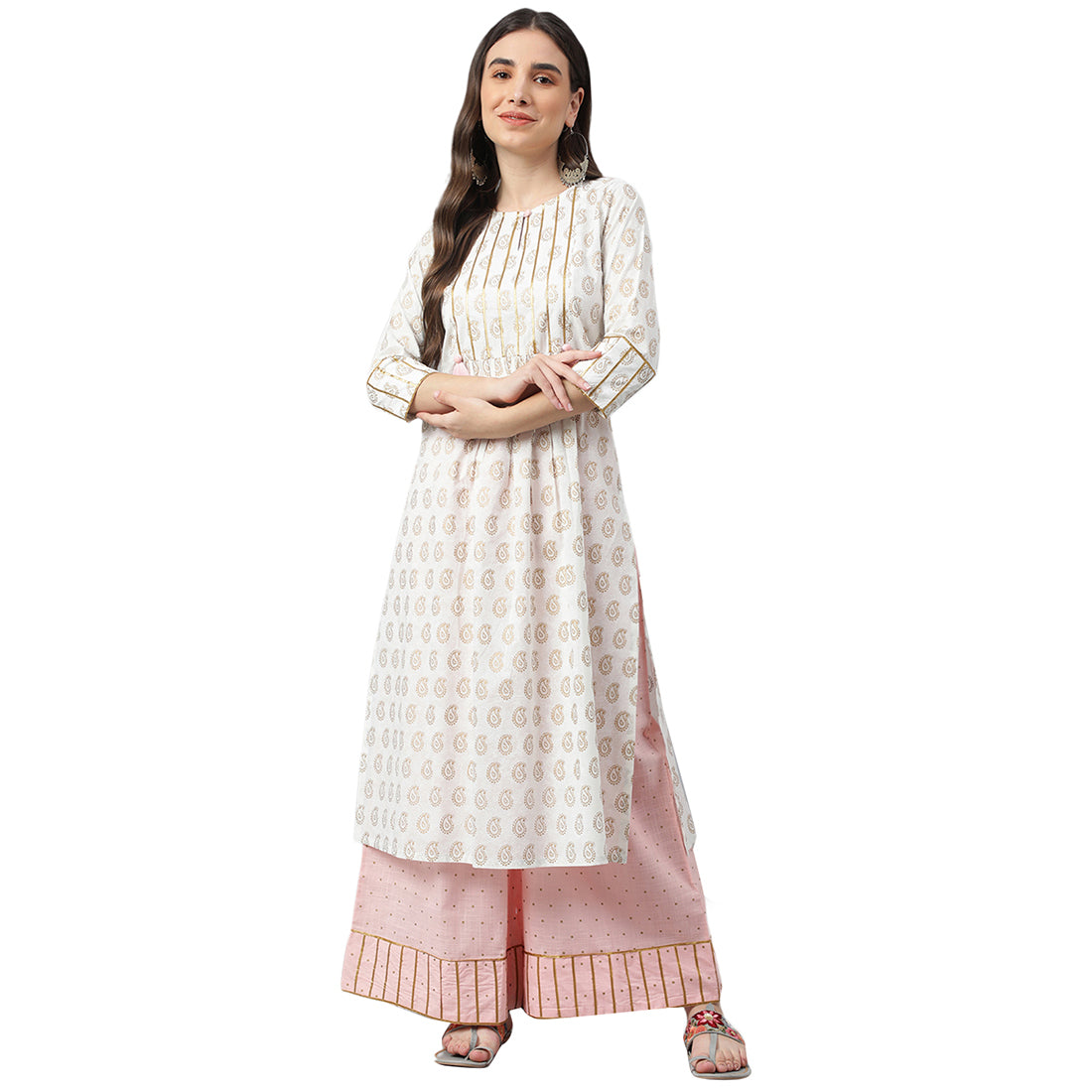 Idalia White Gold Print Kurta With Baby Pink Printed Cotton Palazzo