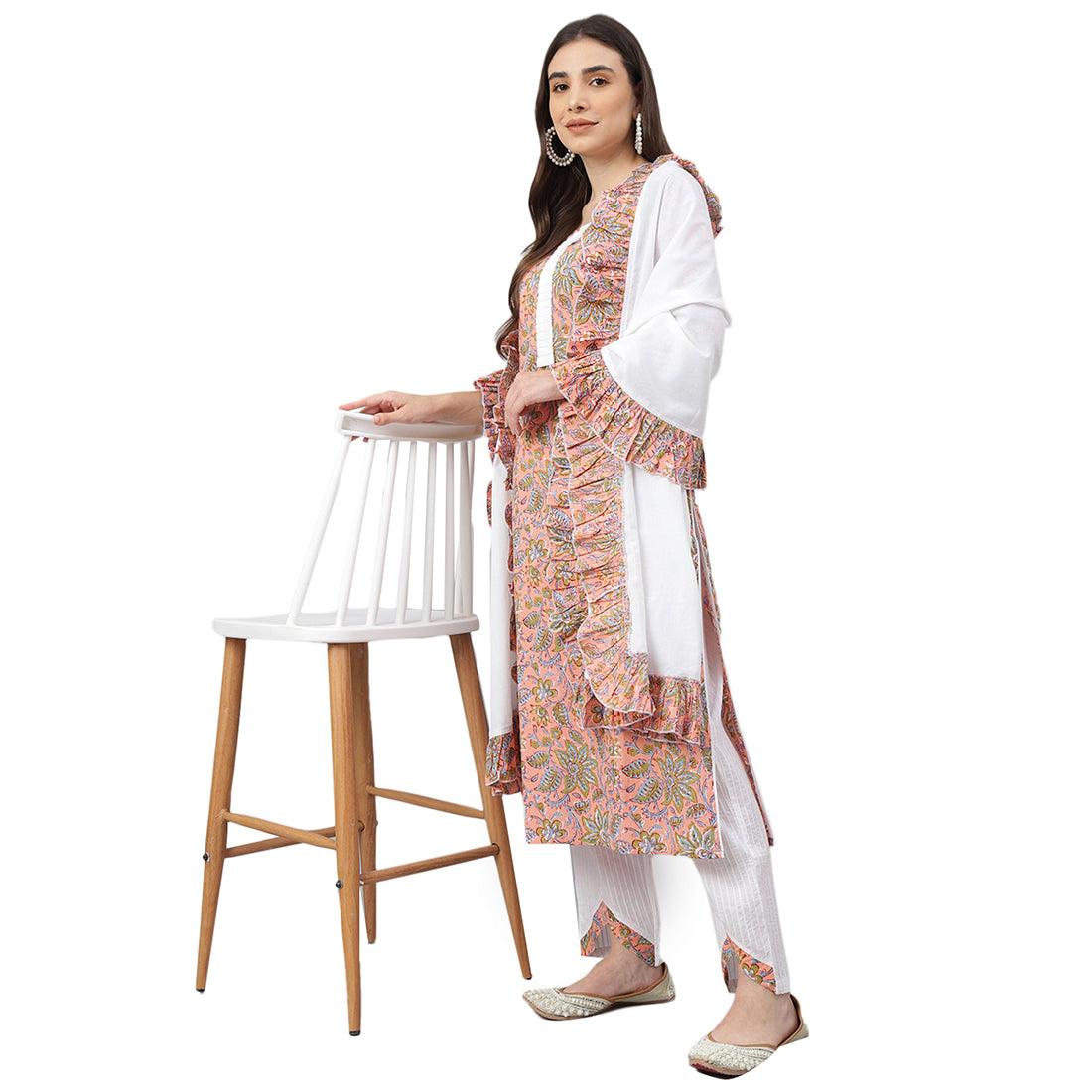 Idalia Pink Floral Print Kurta With White Cotton Pintux Pant and Dupatta