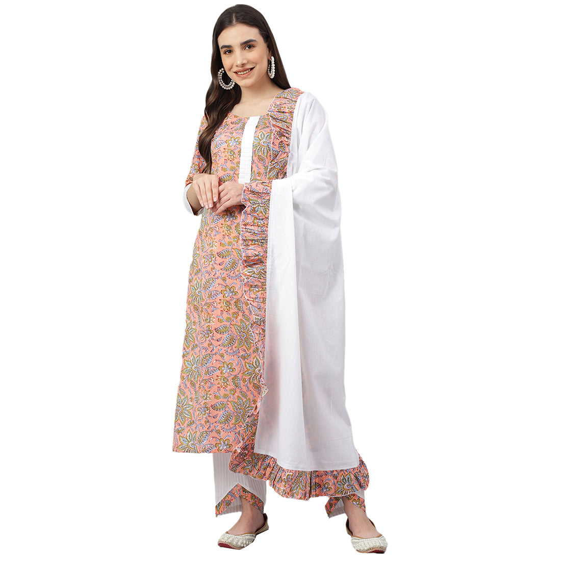 Idalia Pink Floral Print Kurta With White Cotton Pintux Pant and Dupatta