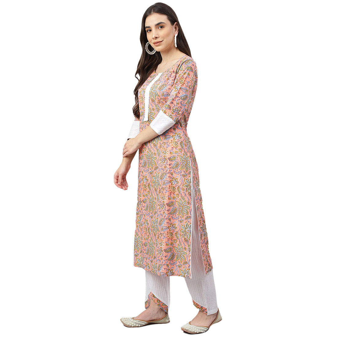 Idalia Pink Floral Print Kurta With White Cotton Pintux Pant and Dupatta