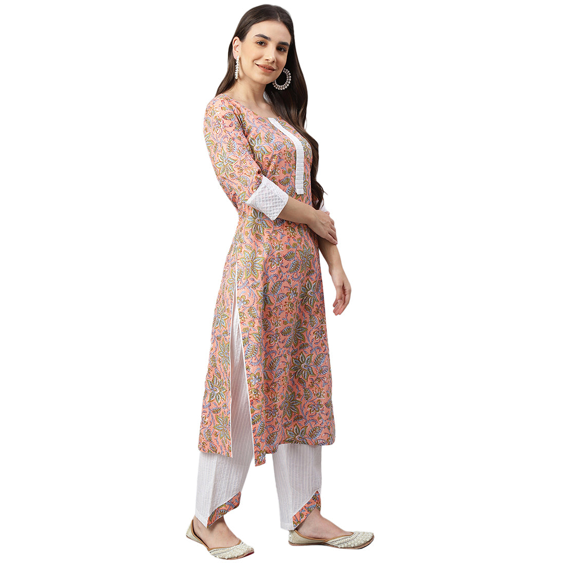 Idalia Pink Floral Print Kurta With White Cotton Pintux Pant and Dupatta