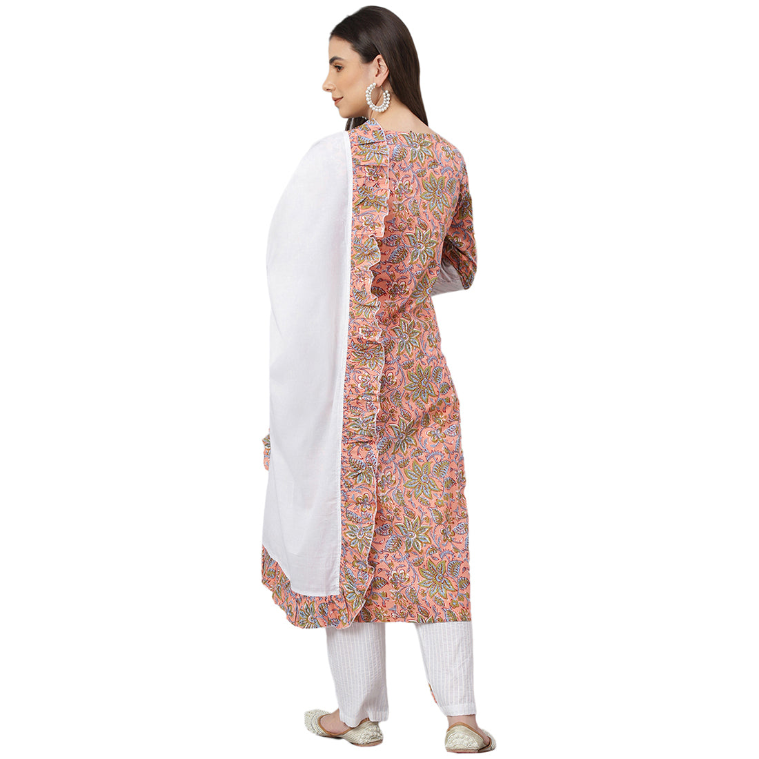 Idalia Pink Floral Print Kurta With White Cotton Pintux Pant and Dupatta