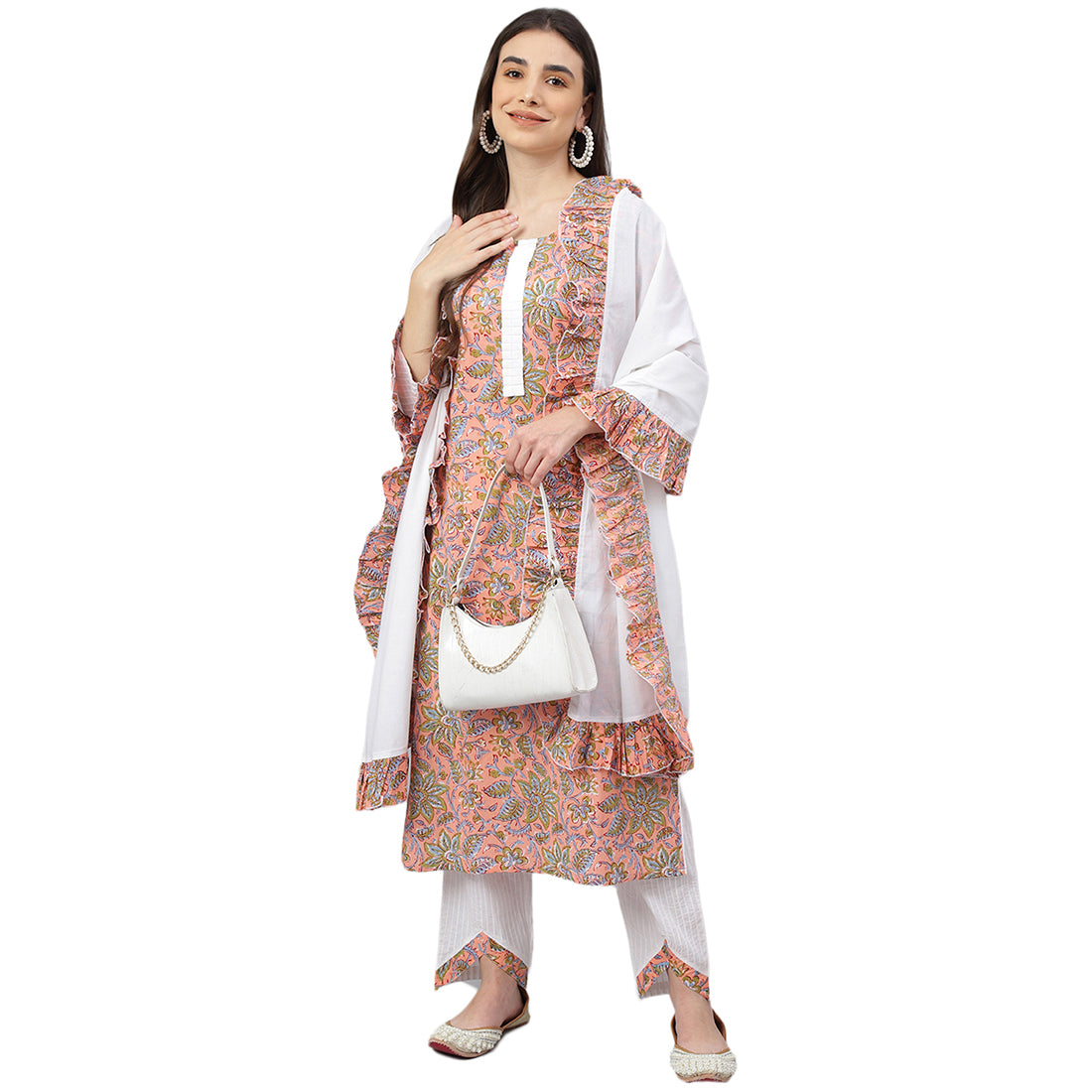 Idalia Pink Floral Print Kurta With White Cotton Pintux Pant and Dupatta