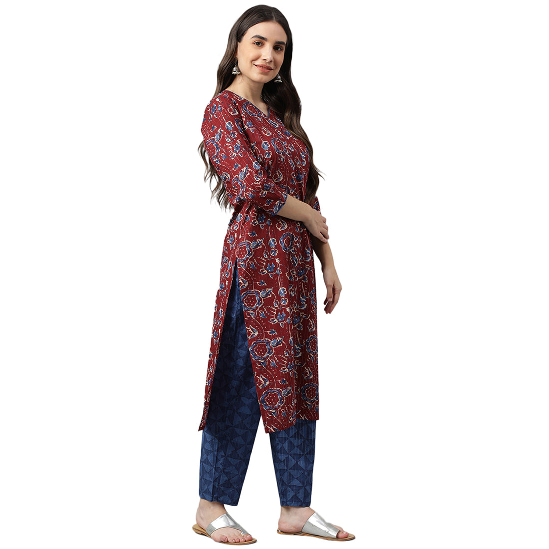 Idalia Maroon Printed Cotton Kurta With Blue Printed Pants