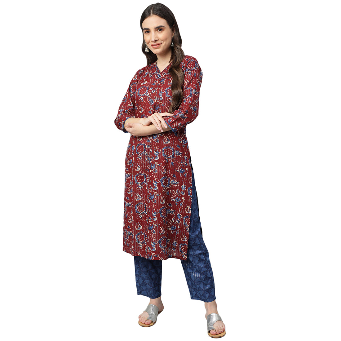 Idalia Maroon Printed Cotton Kurta With Blue Printed Pants