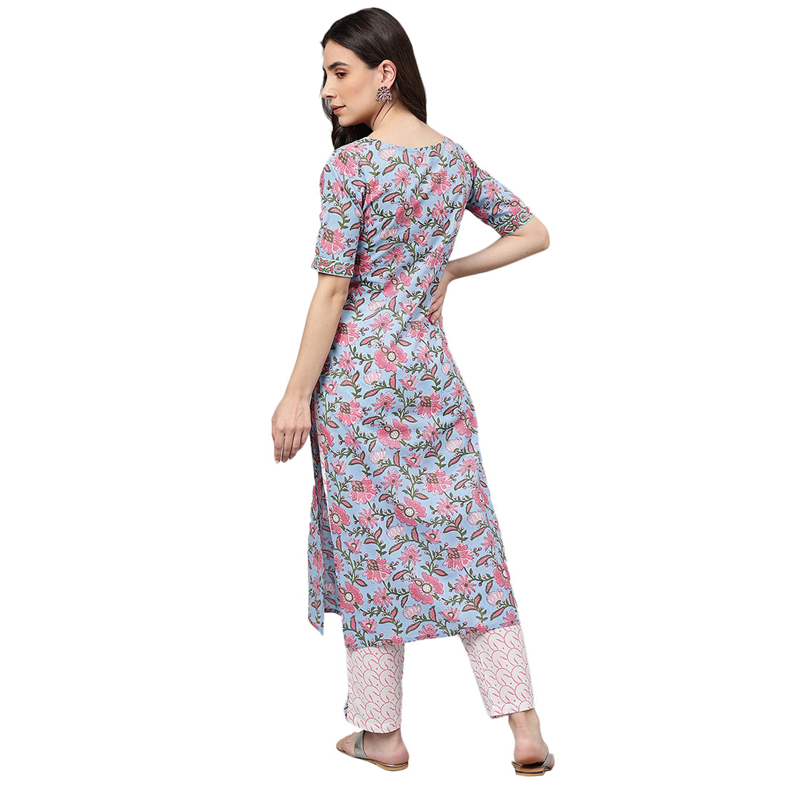Idalia Hand Block Print Sky Blue Cotton Kurta With Cotton Pants
