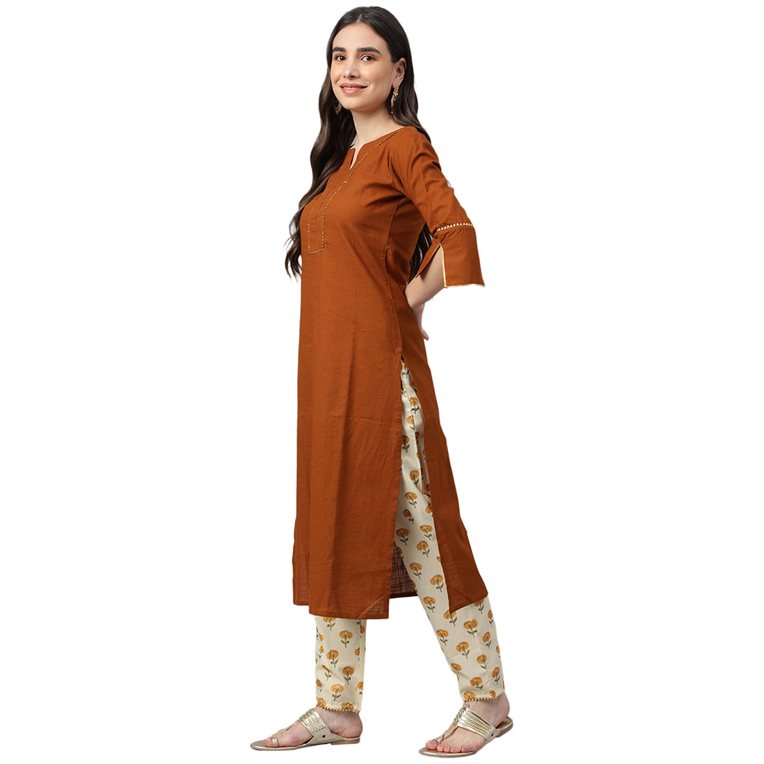 Idalia Solid Brown Cotton Kurta With Printed Pants