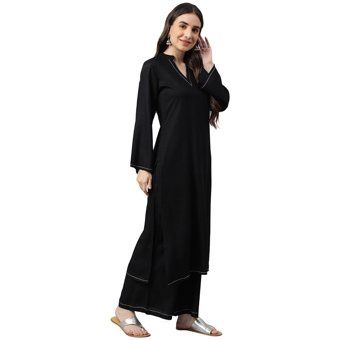 Idalia Black Solid Rayon Kurta Set