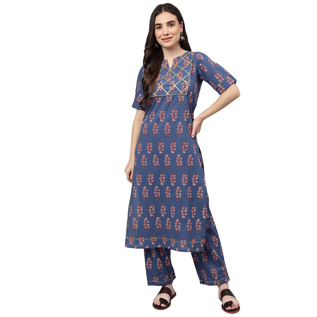 Idalia Blue And Red Printed Cotton Kurta Pants