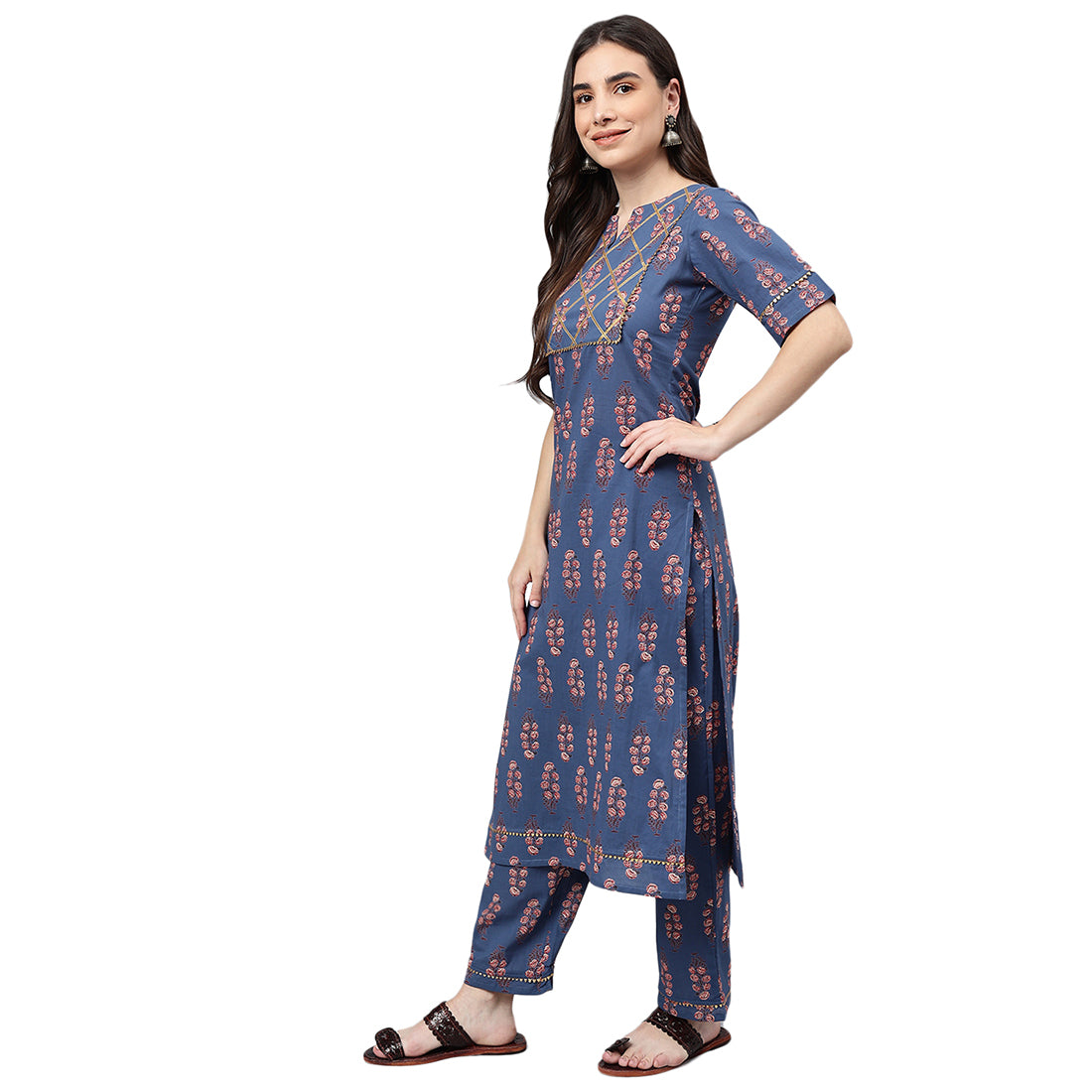 Idalia Blue And Red Printed Cotton Kurta Pants