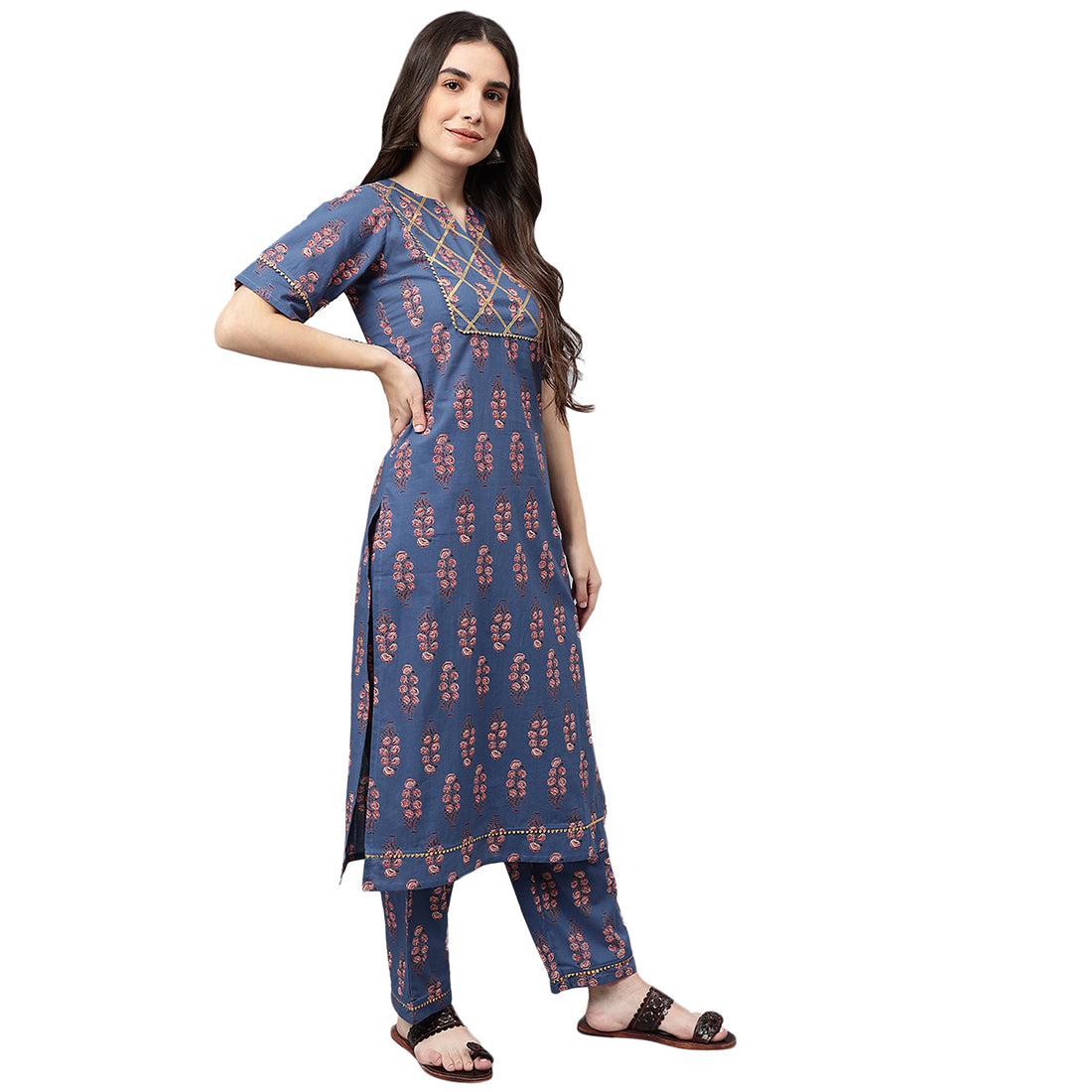 Idalia Blue And Red Printed Cotton Kurta Pants